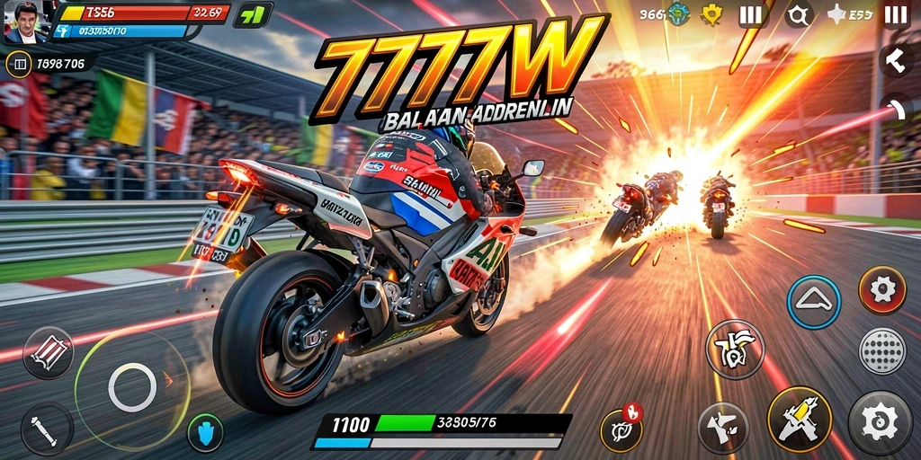 Screenshot gameplay 7777W menampilkan balapan motor yang mendebarkan.