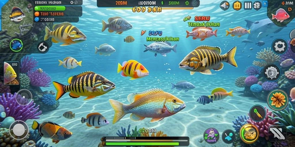Screenshot gameplay J200M menampilkan aksi seru menembak ikan.