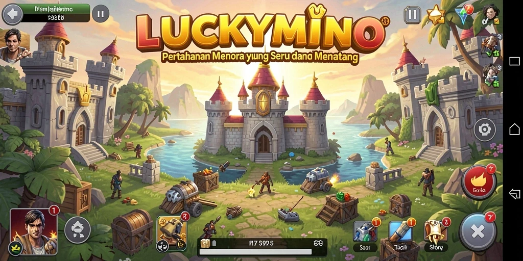 Screenshot gameplay LUCKYMINO menunjukkan aksi menara pertahanan.