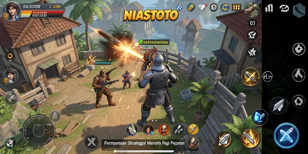 Tampilan gameplay NIASTOTO dengan berbagai unit strategi yang beraksi.