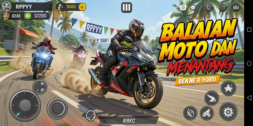 Gameplay seru dengan balapan motor di lintasan yang menantang.