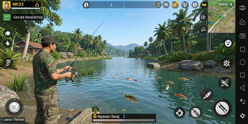 Screenshot gameplay RR33 yang menampilkan aksi memancing seru dan grafis yang indah.