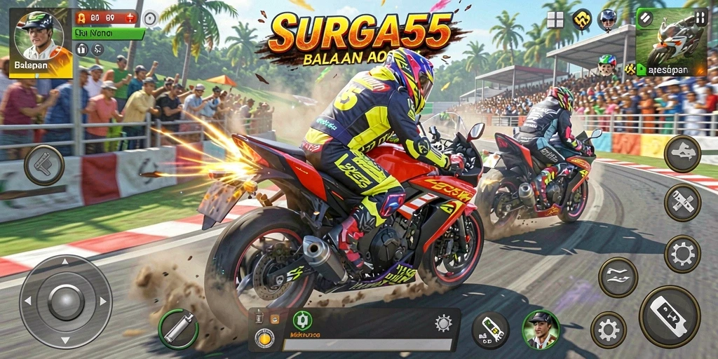 Tampilan gameplay SURGA55 yang mendebarkan dengan aksi balapan motor.